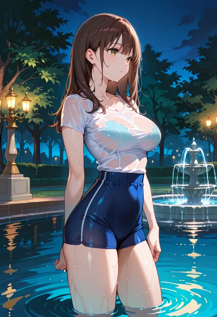 Anime character beside a night fountain