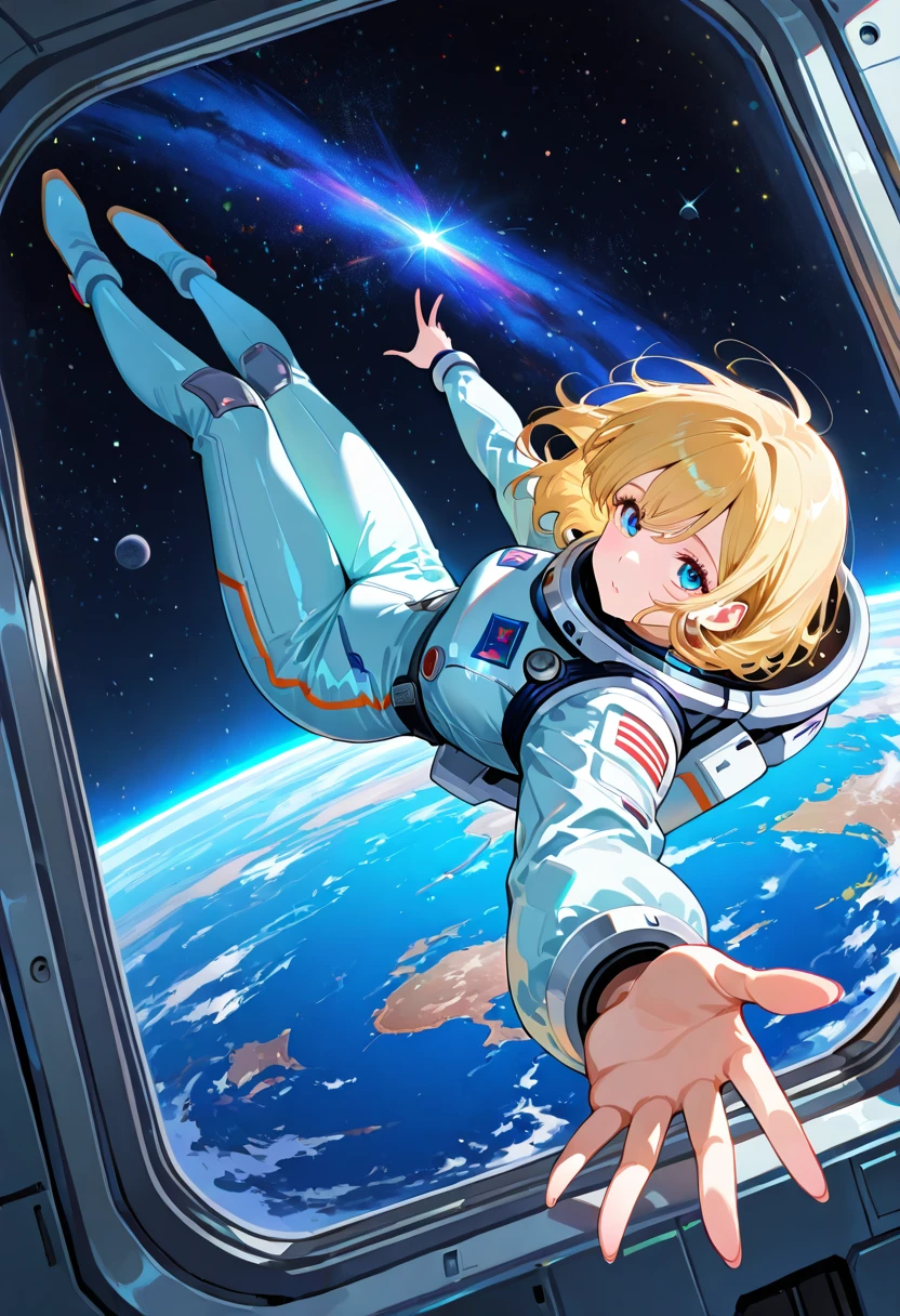Chica astronauta anime IA mirando la Tierra desde el espacio
