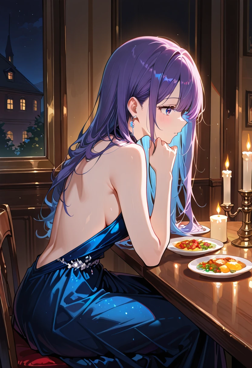 Chica anime IA en vestido sin espalda en cena romántica