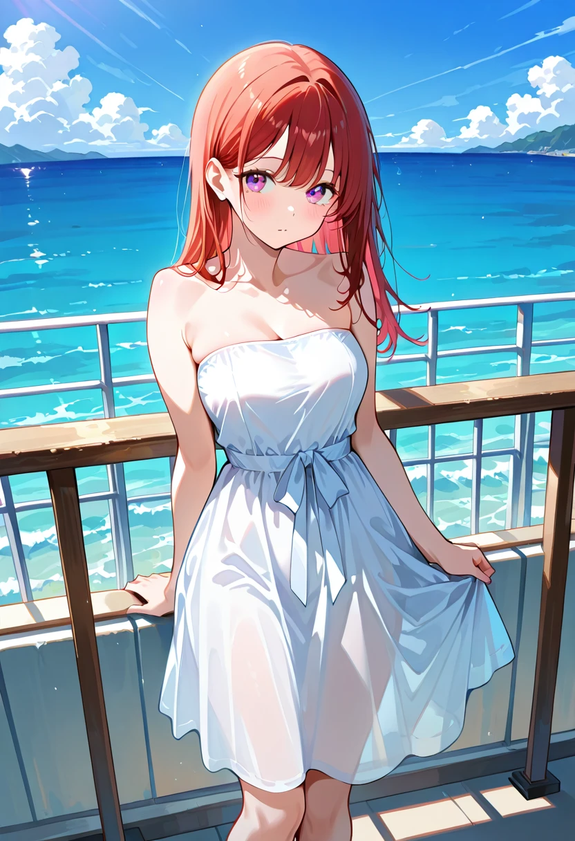 Chica anime IA en vestido en balcón frente al mar