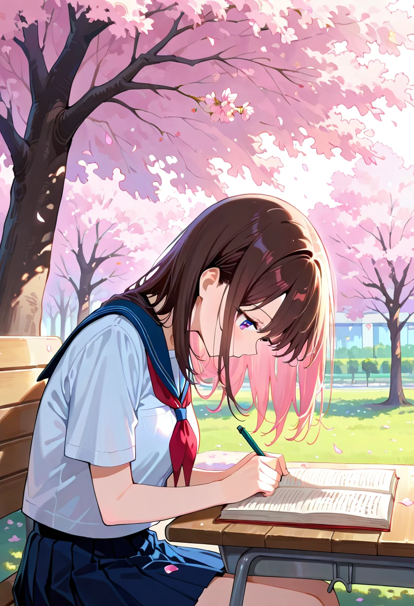 Chica anime IA estudiando bajo cerezo en flor