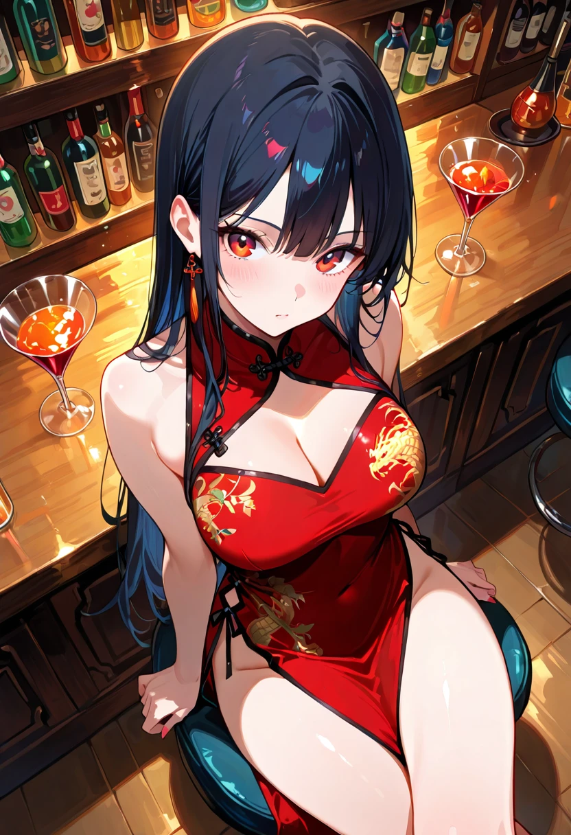 Chica anime IA en vestido chino rojo en bar