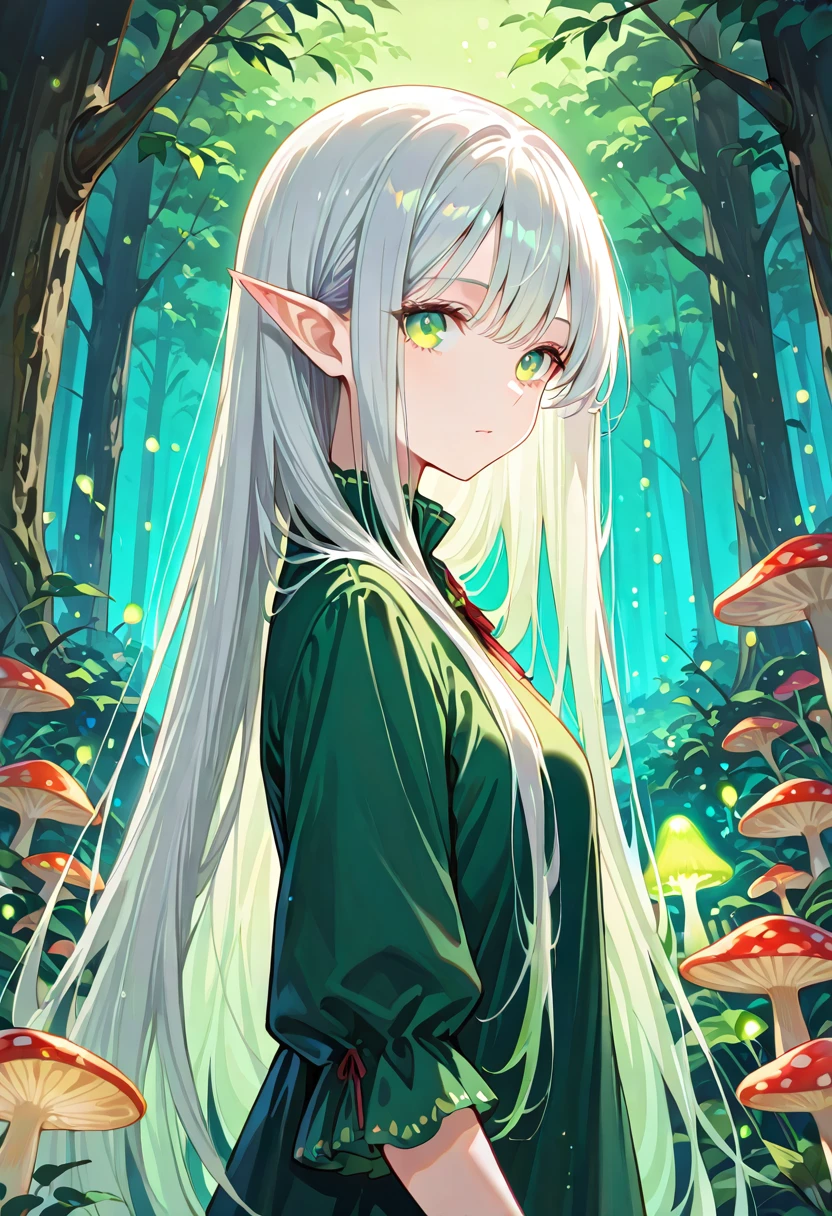 Elfa anime IA en bosque encantado con luciérnagas