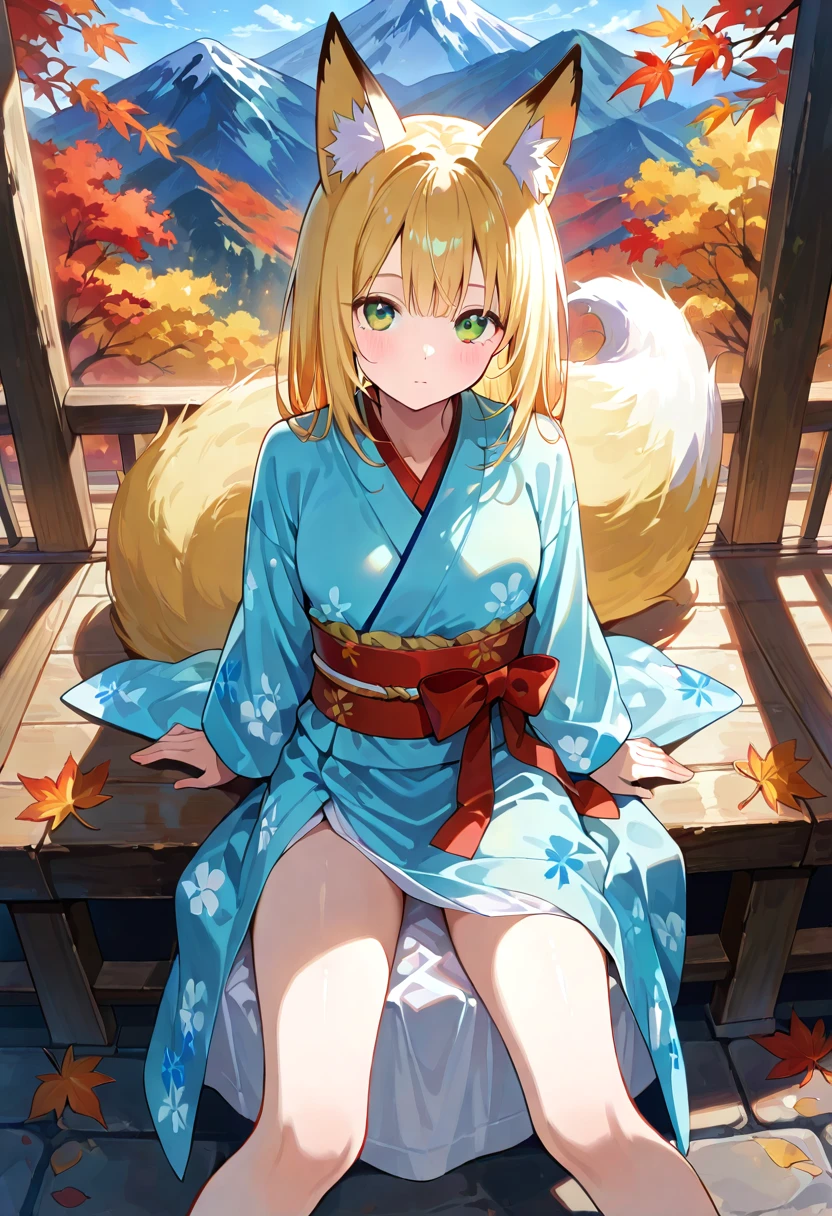 Chica zorro anime IA en aguas termales en otoño