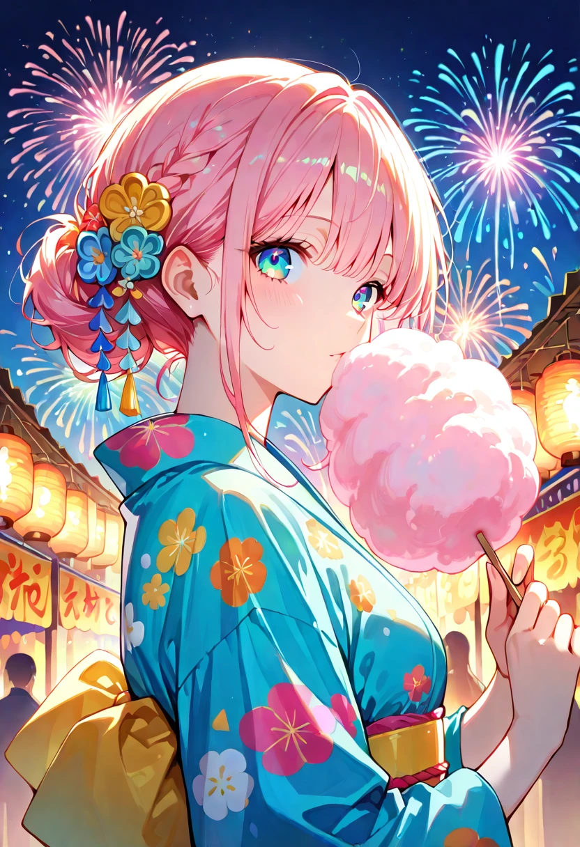 Chica anime IA en kimono en festival de verano
