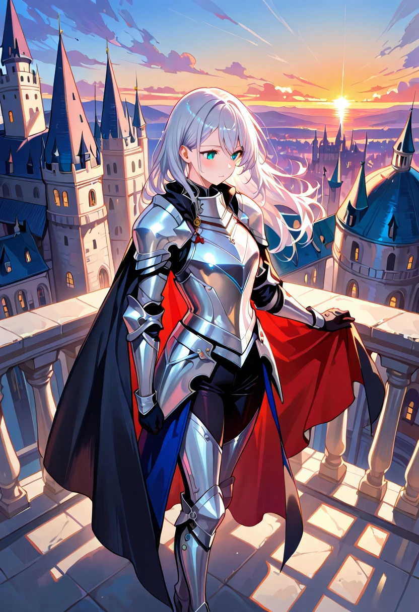 Caballera anime IA en balcón del castillo al atardecer