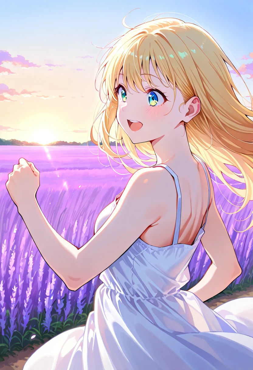 Chica anime IA corriendo en campo de lavanda