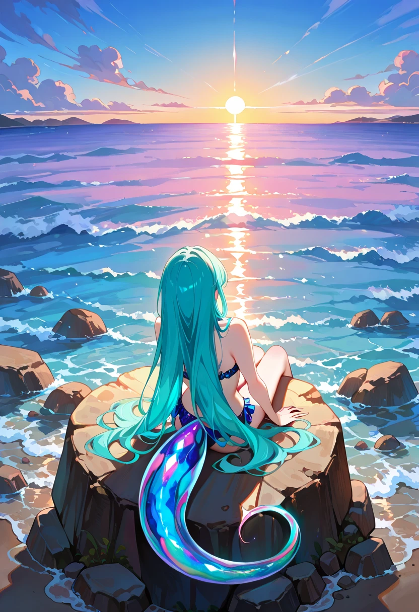 Sirena anime IA contemplando amanecer oceánico