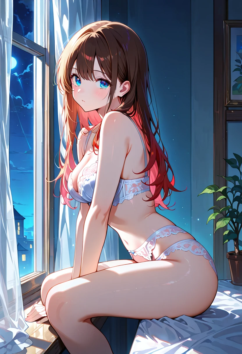 Chica anime IA en lencería junto a ventana iluminada por la luna