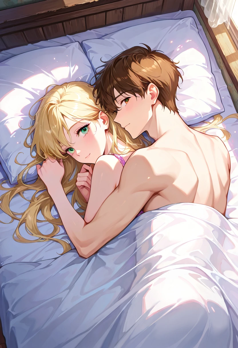 Pareja anime IA escena matutina íntima