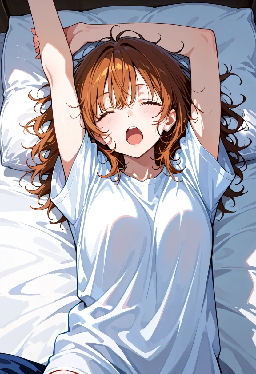 Chica anime IA estirándose en cama con camiseta grande
