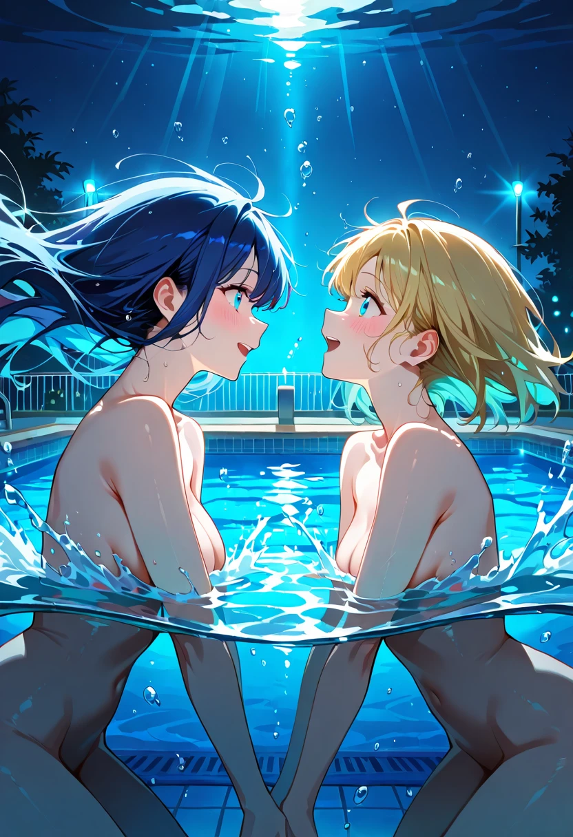 Dos chicas anime IA en piscina nocturna