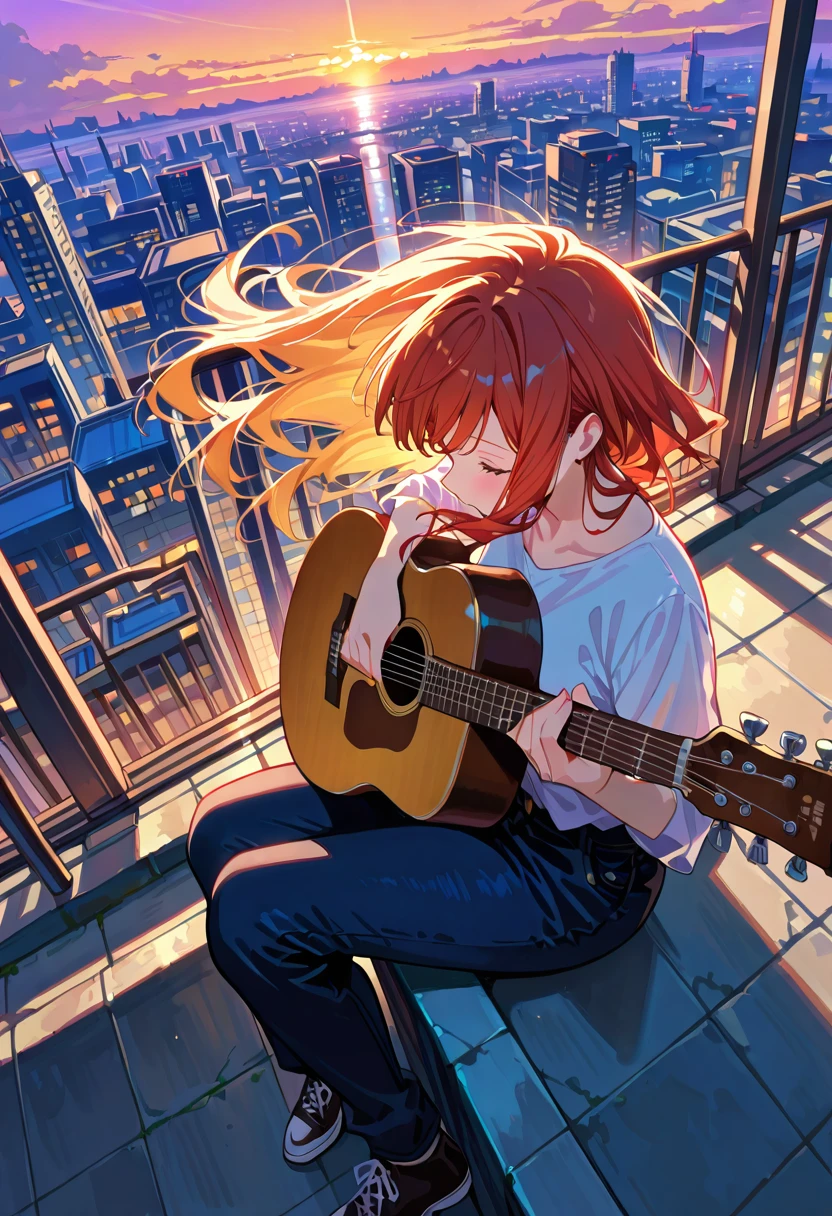 Chica anime IA tocando guitarra en azotea al atardecer