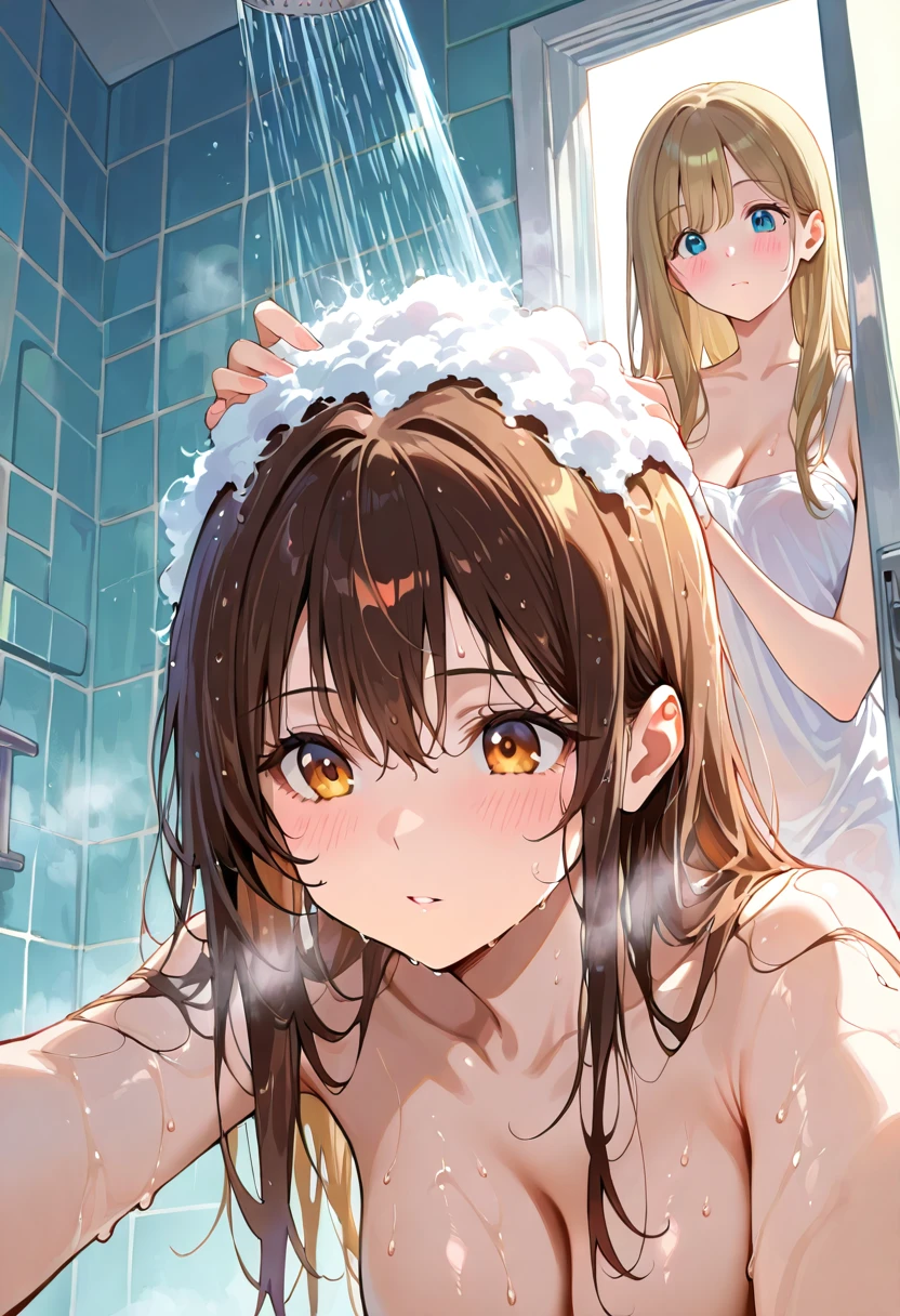 Dos chicas anime IA escena de ducha