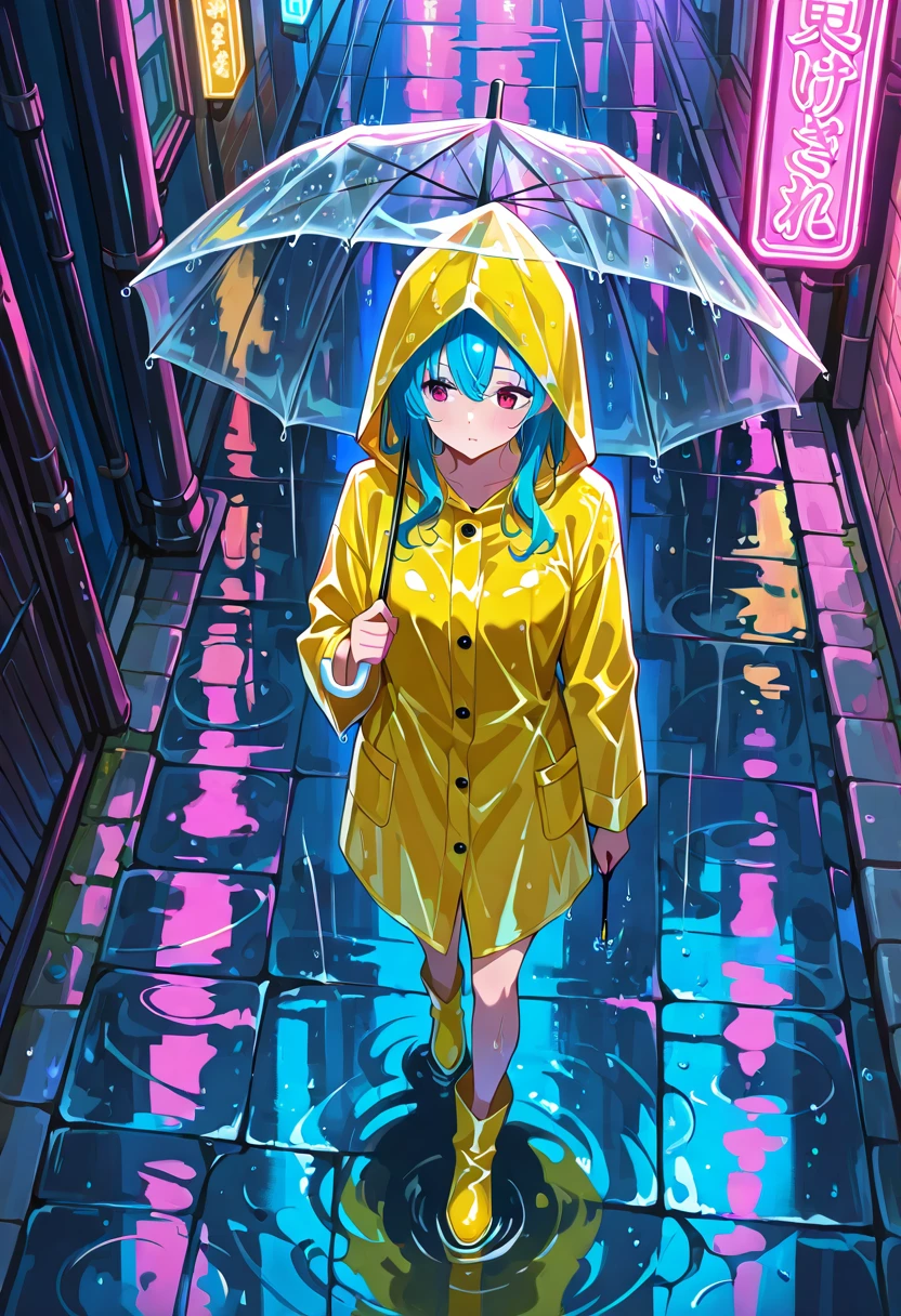 Chica anime IA caminando en calles de Tokio lluviosas con neón