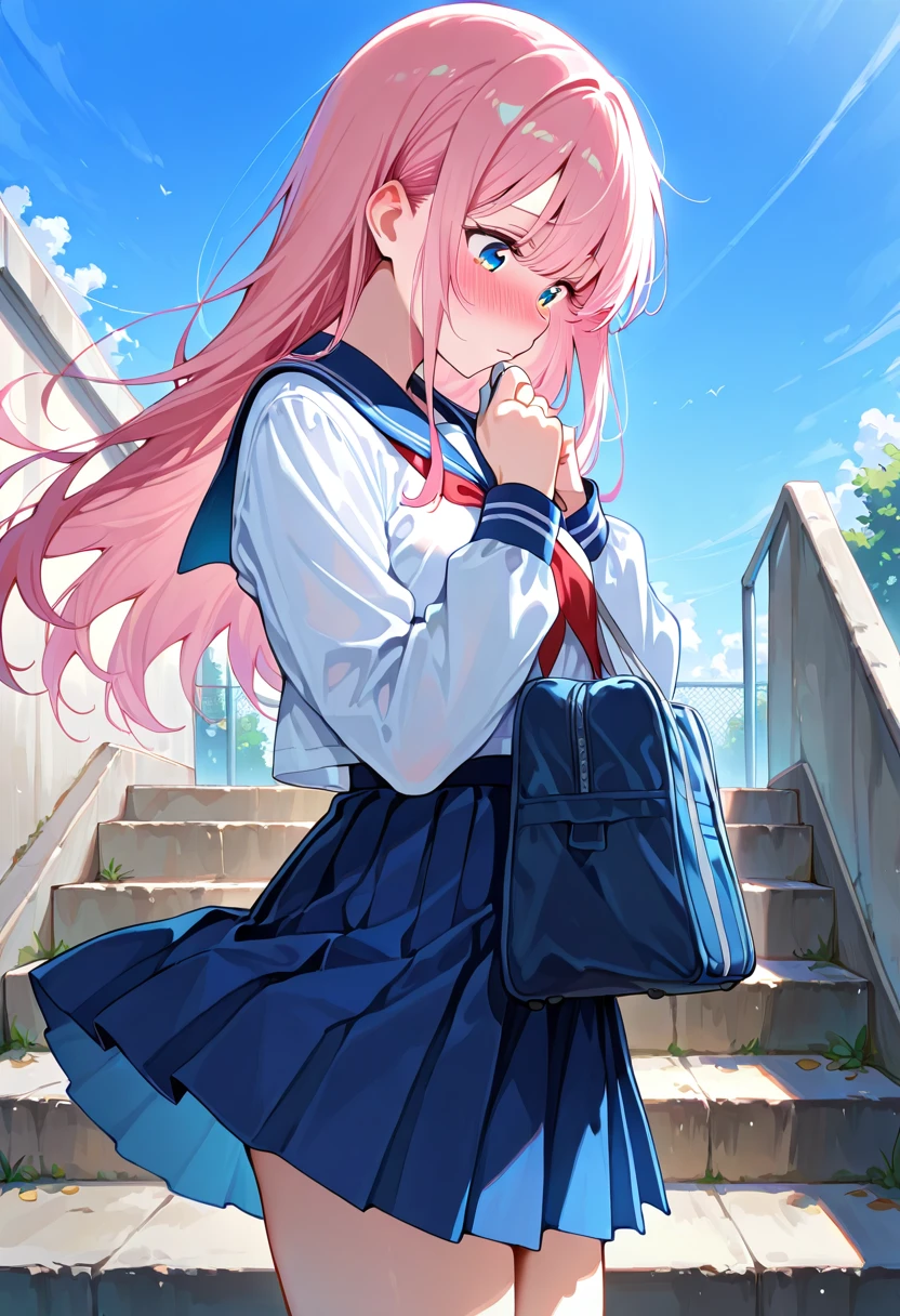 Colegiala anime IA en escaleras con viento