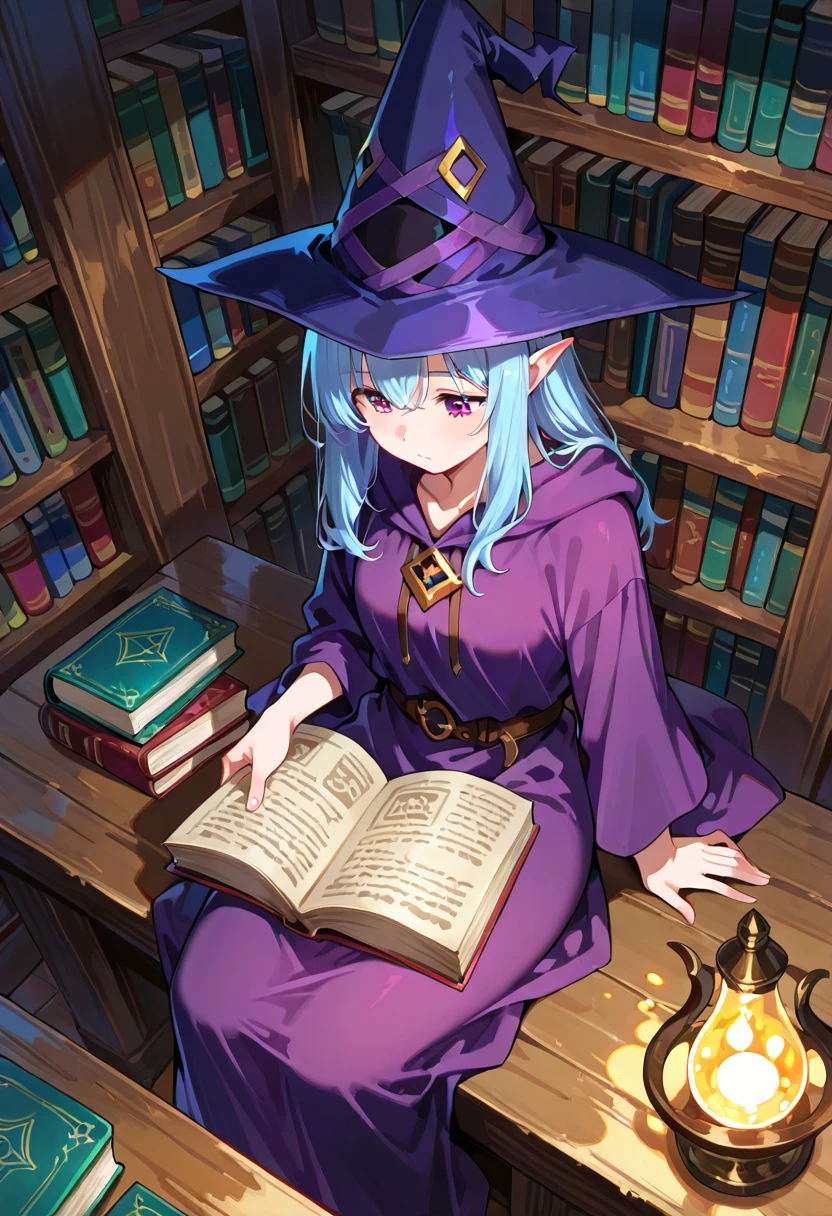 Bruja anime IA con gato en biblioteca mágica
